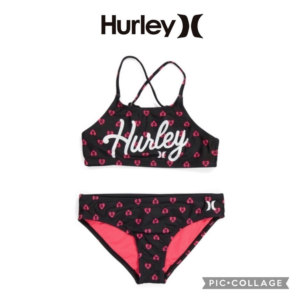 Hurley girls 2 piece swimsuit black pink hearts bikini size 6x NWT